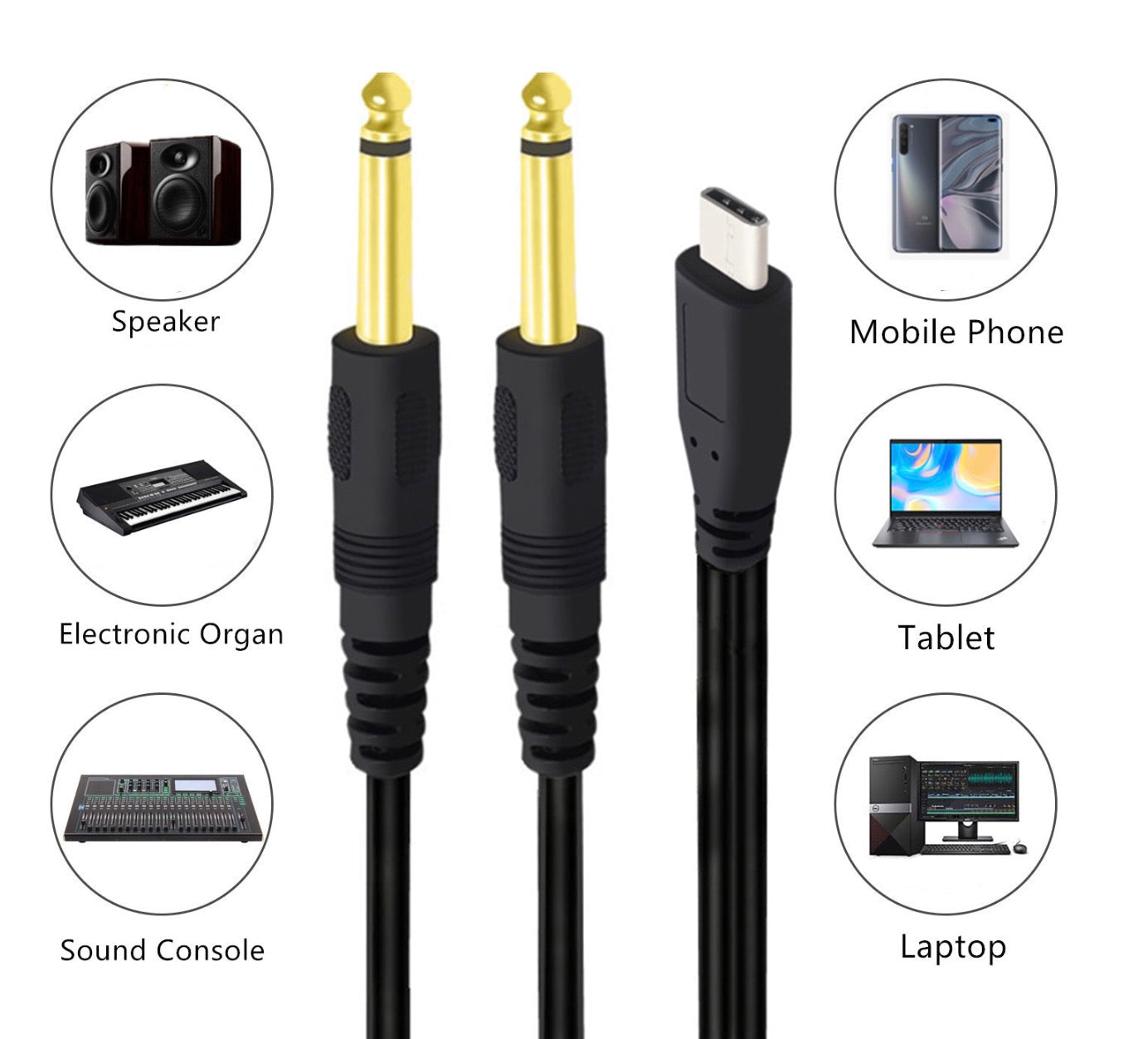 USB-C to dual 6.35mm stereo audio Y splitter cable