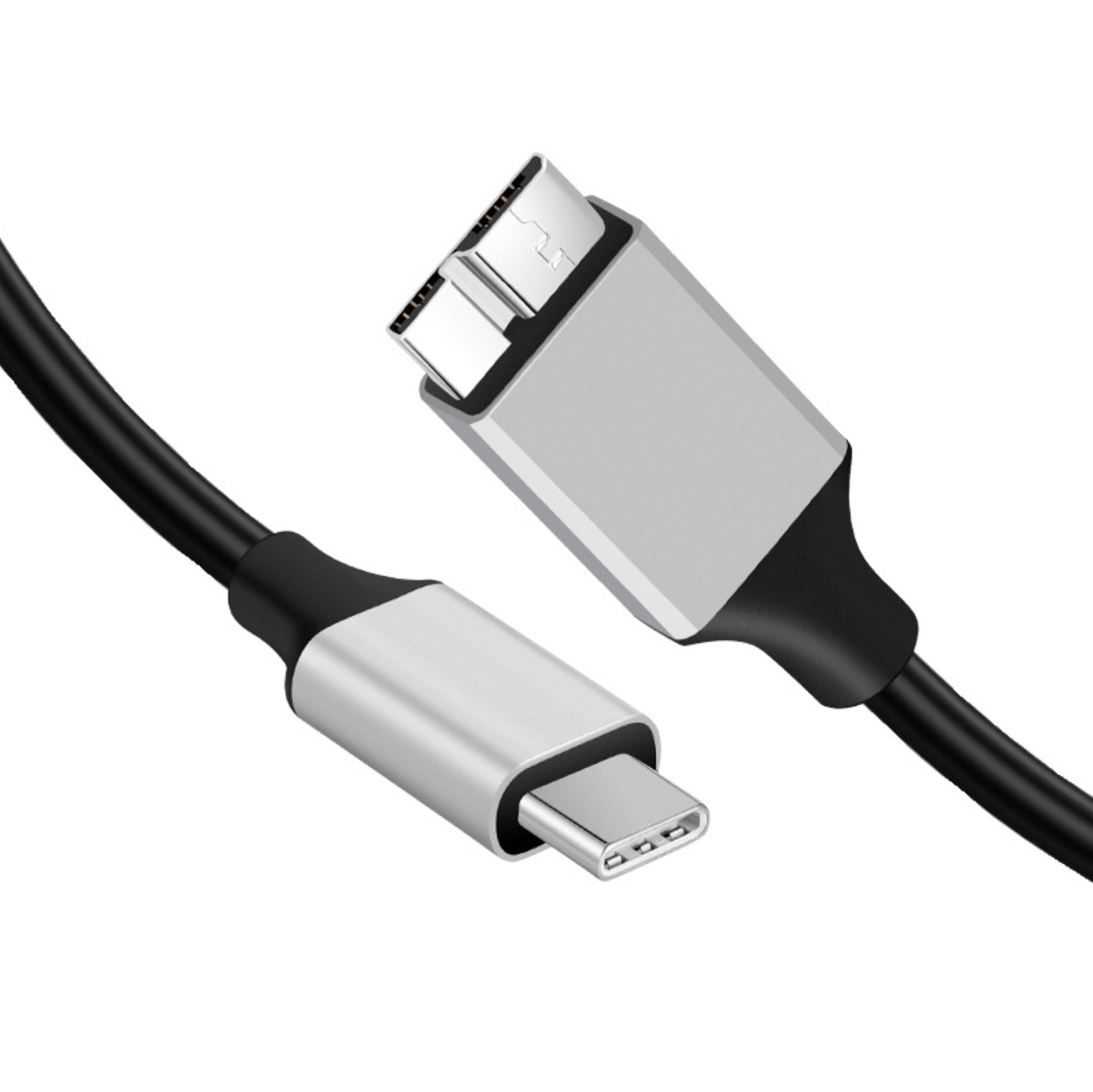 A black USB C Male to Micro B Male data cable with silver-colored connectors on both ends.