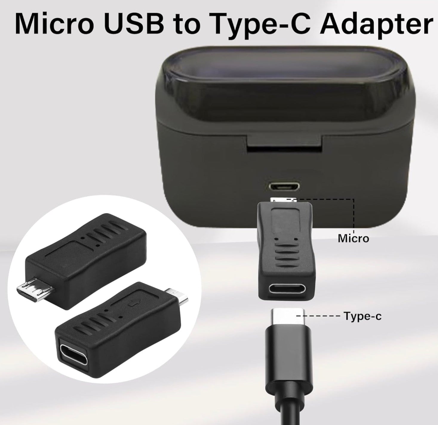 Black Micro USB to Type-C adapter with detailed view of connectors on a white background.