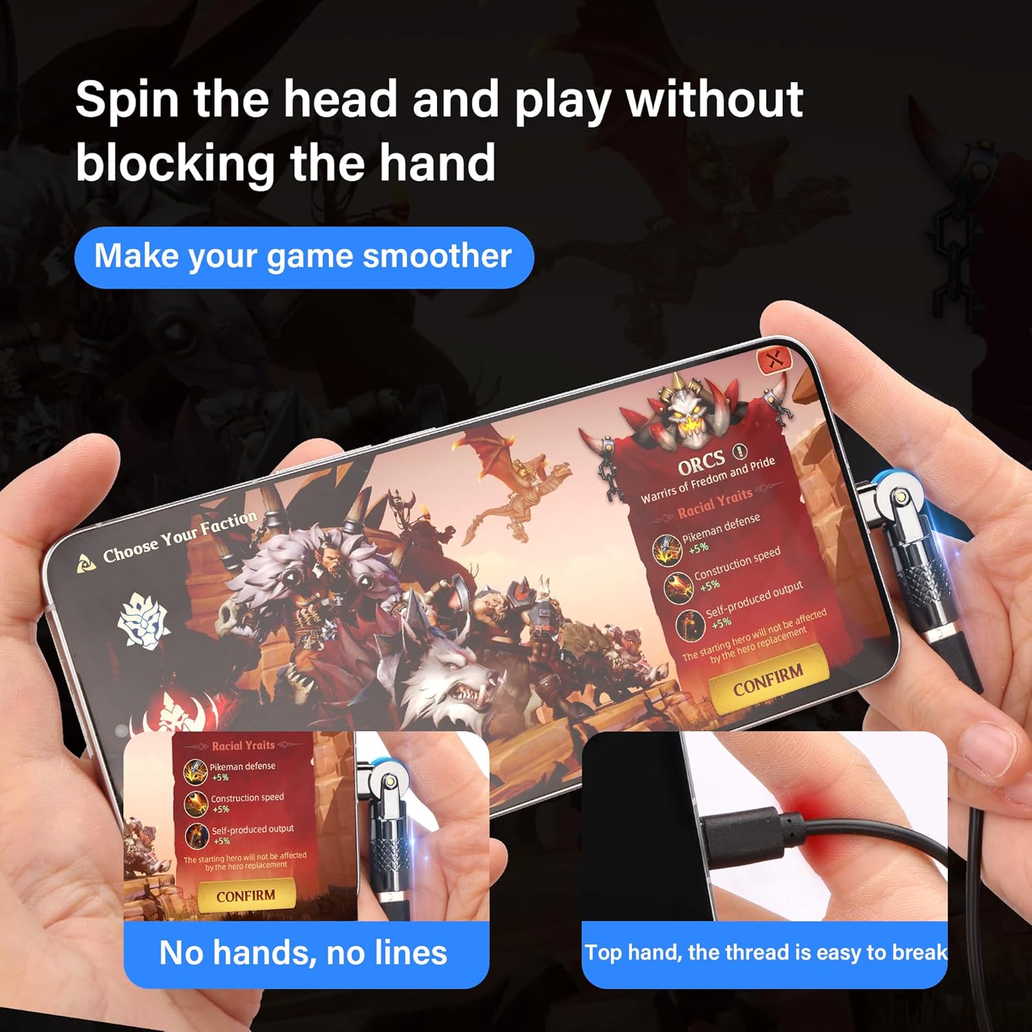 Person holding a smartphone with a game interface, connected to a gaming device, on a dark background.