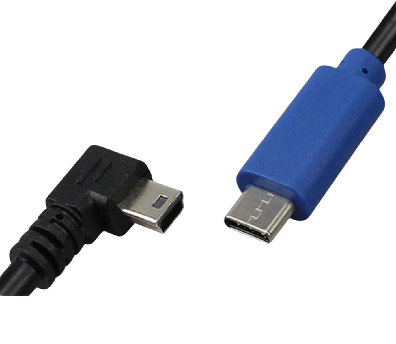 A black USB C to USB Mini-B OTG angled cable with a right-angled connector on one end and a standard Mini USB connector on the other.