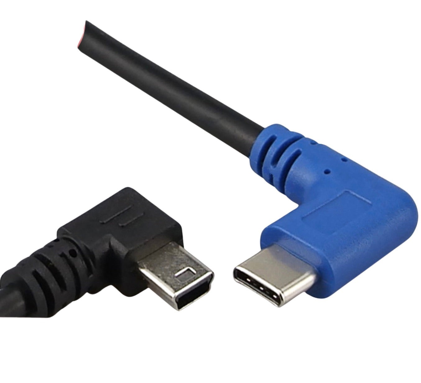 A black USB C to USB Mini B OTG angled cable with a right-angled connector on one end and a straight connector on the other.