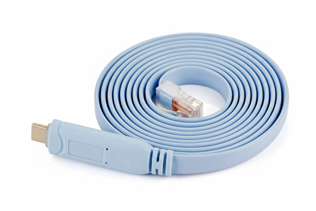 Light blue USB cable on a white background