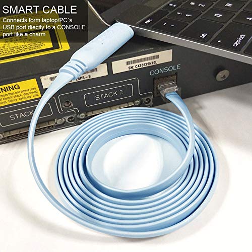 Blue smart cable connected to a laptop's USB port with text on the screen.