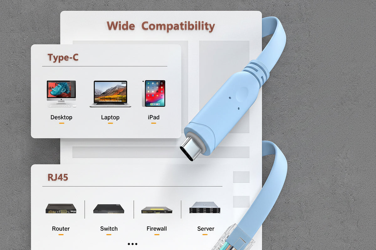 Blue USB-C cable with compatibility chart on a gray background