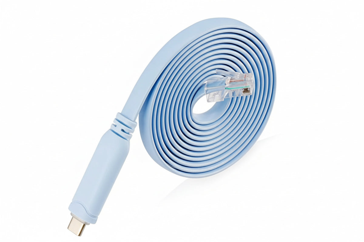 Coiled blue USB cable on a white background