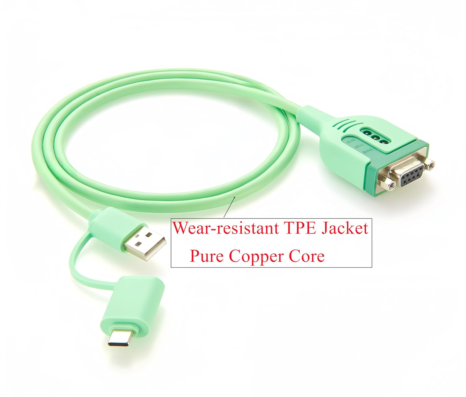 Green USB cable with connectors on a white background