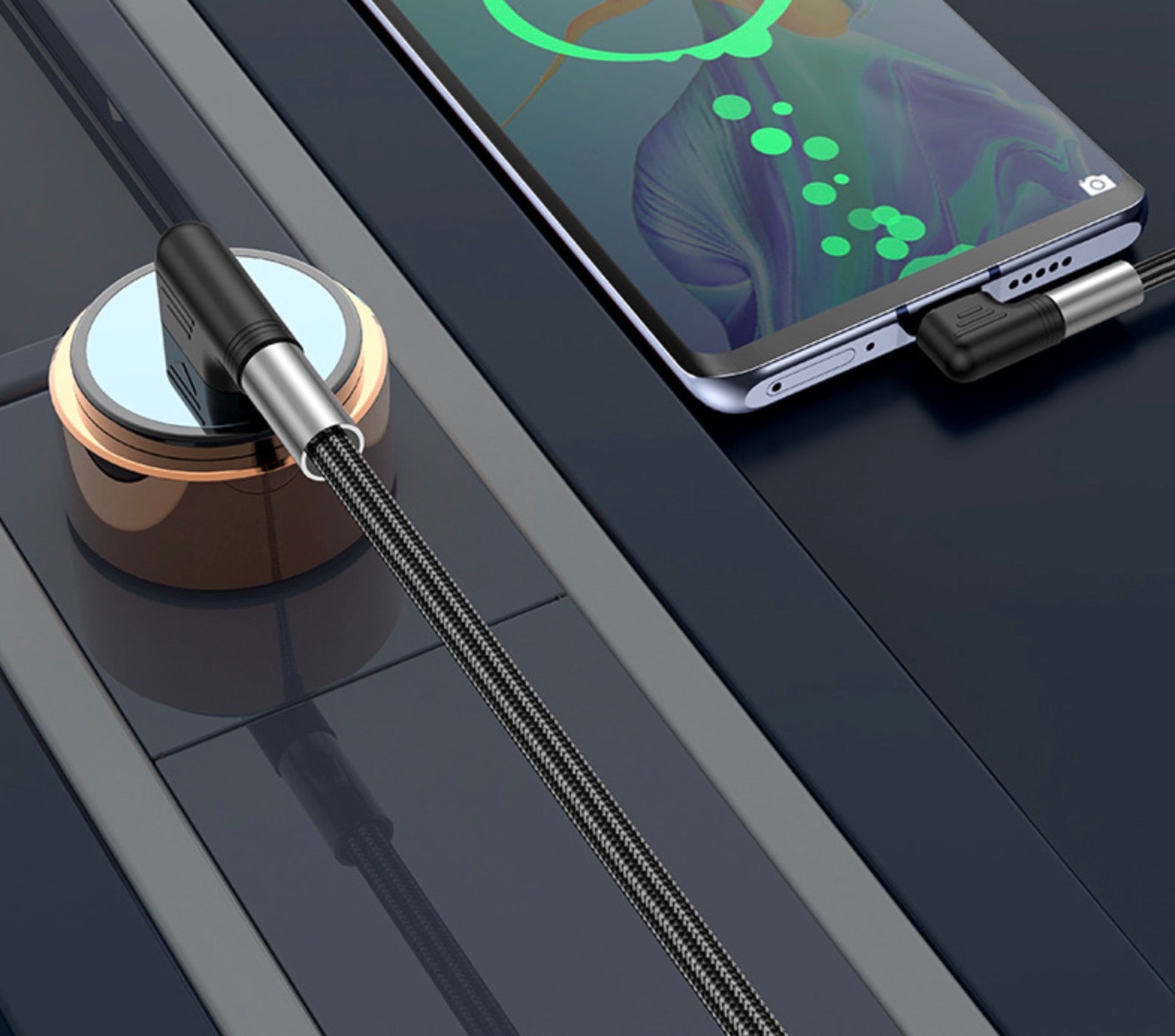 Reversible angled USB-A to USB-C cable for smartphones, tablets, and laptops