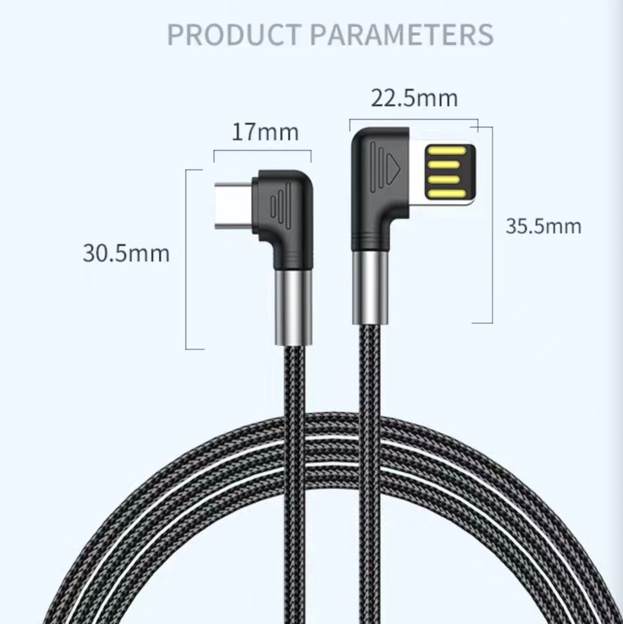 Braided USB-C to USB-A 3.0 cable with right angle connectors