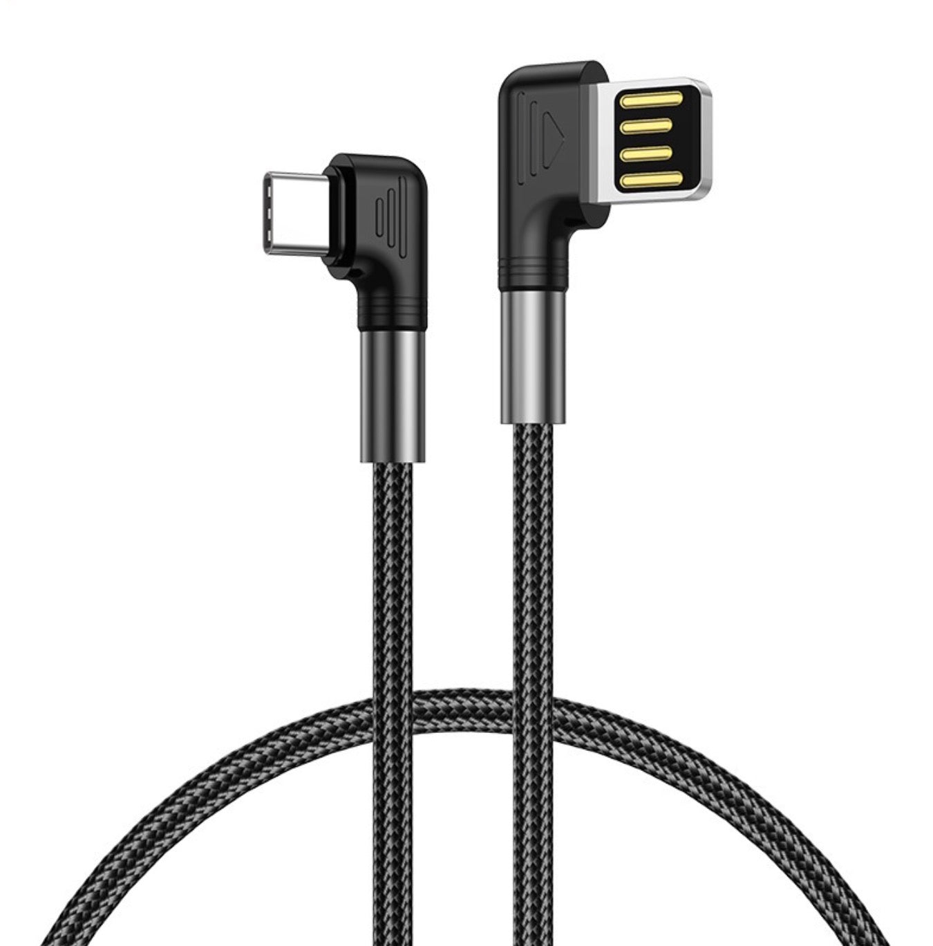 Reversible angled USB-A to USB-C cable for smartphones, tablets, and laptops