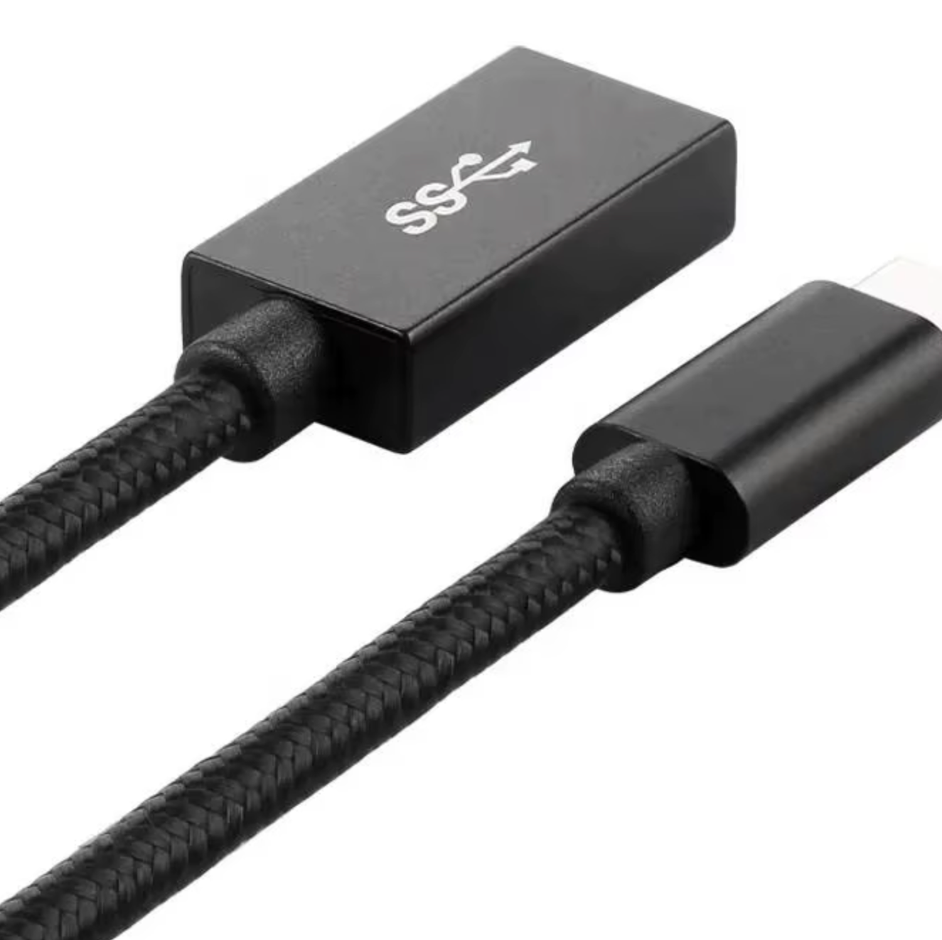 Black USB cable with braided design on a white background