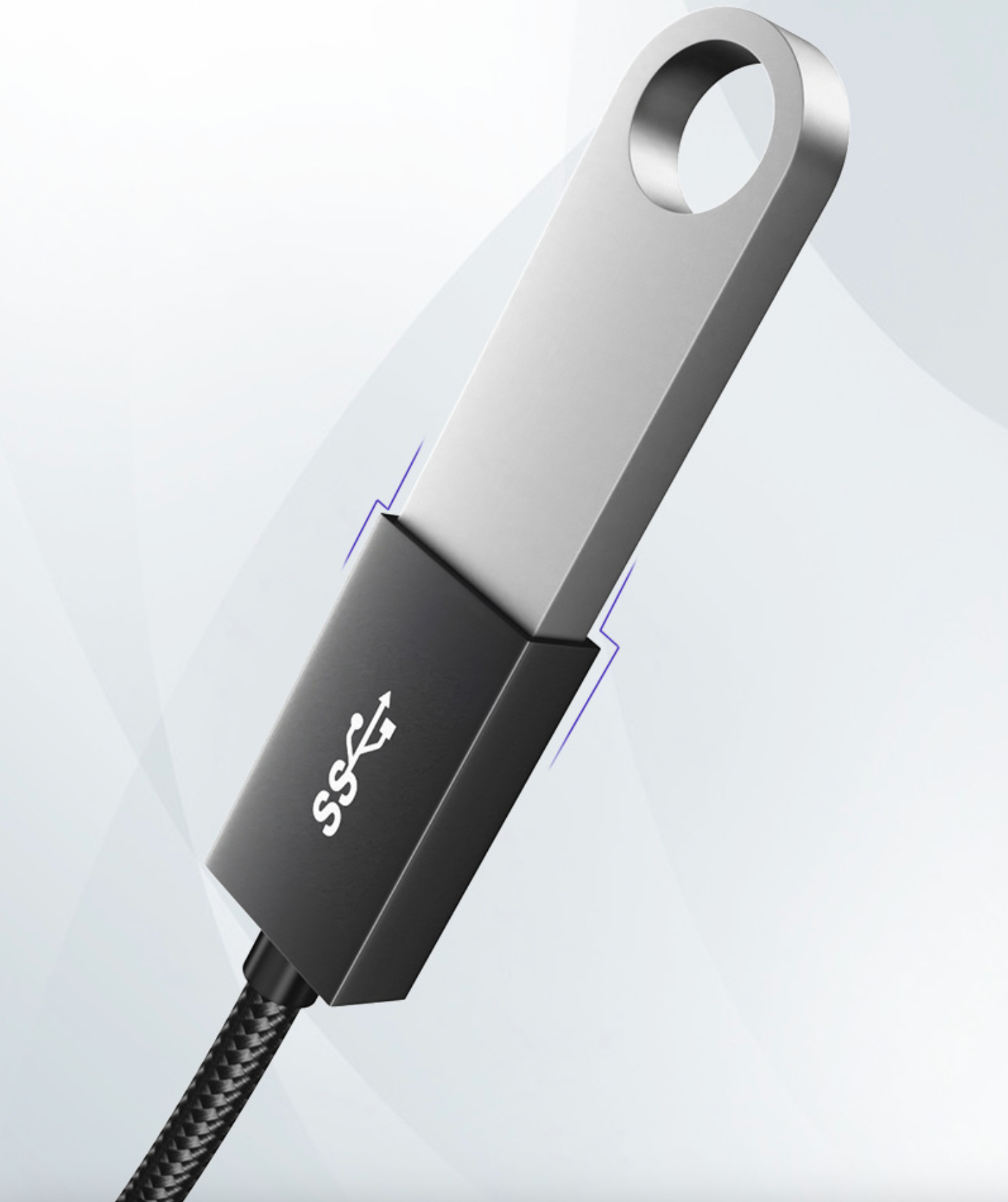 USB flash drive with a braided cable on a light gray background