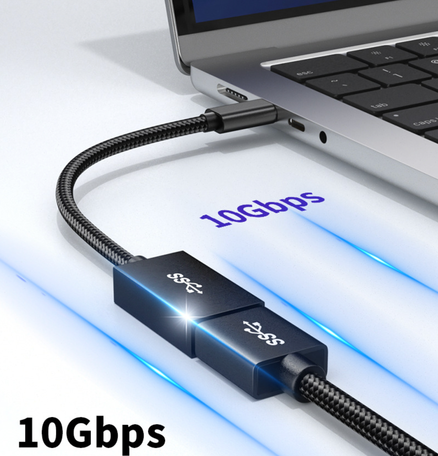 Laptop with a USB cable connected, displaying '10Gbps' text.