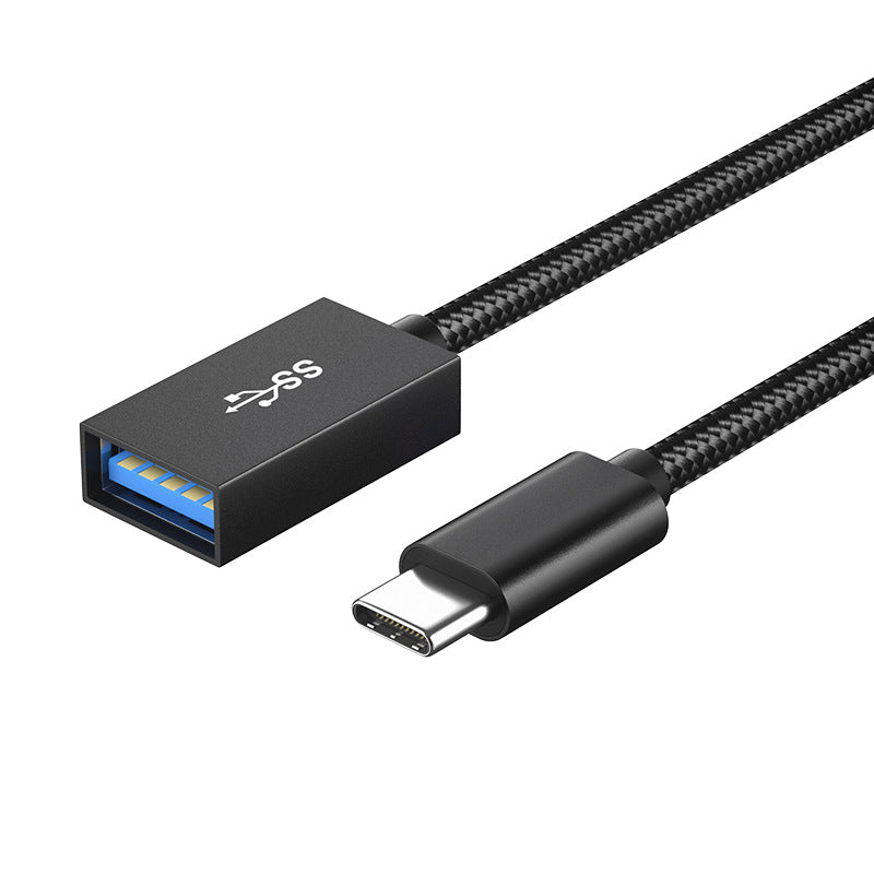 Black USB-C cable with USB connector on a white background