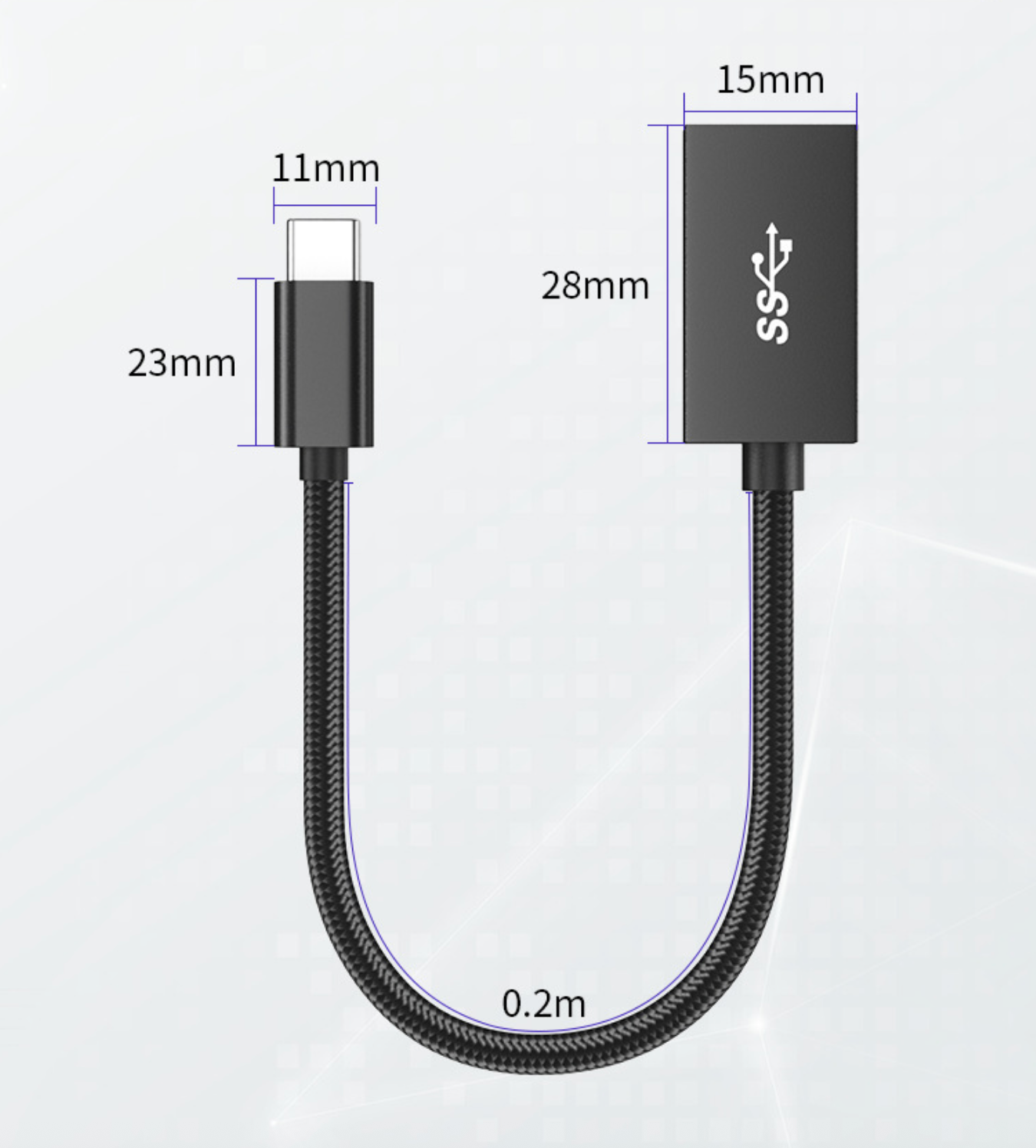 Measurement details of a black USB cable on a white background