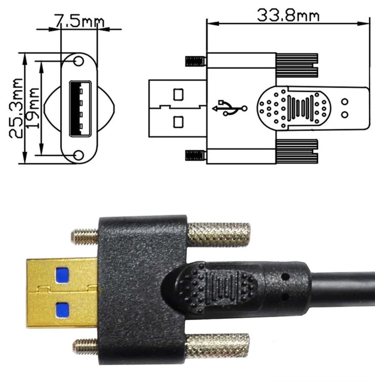 USB 3.0 locking screw cable Type C to USB A industrial connection