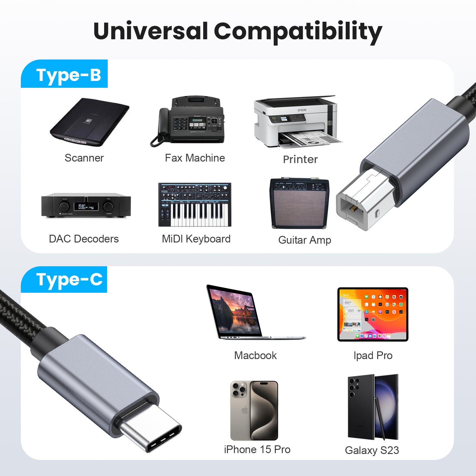 USB-C to USB-B printer cable