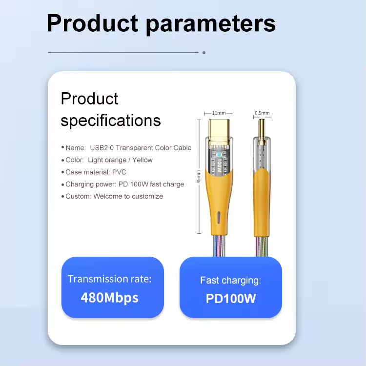 Product specifications of a USB cable with transmission rate and fast charging details on a light blue background.