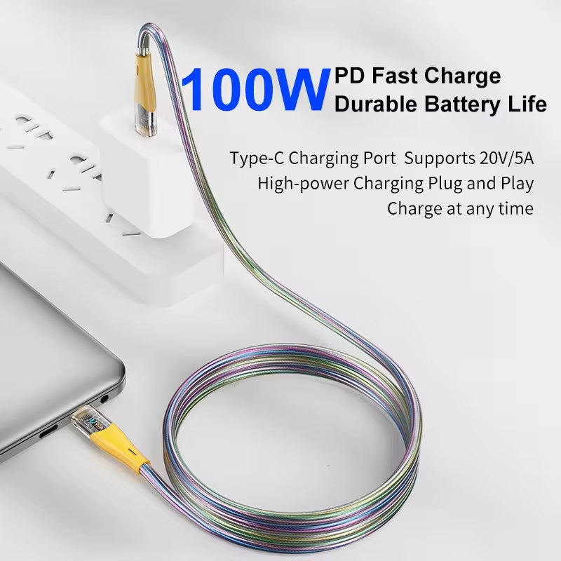 Colorful charging cable with text about 100W PD fast charge and durable battery life on a white background.