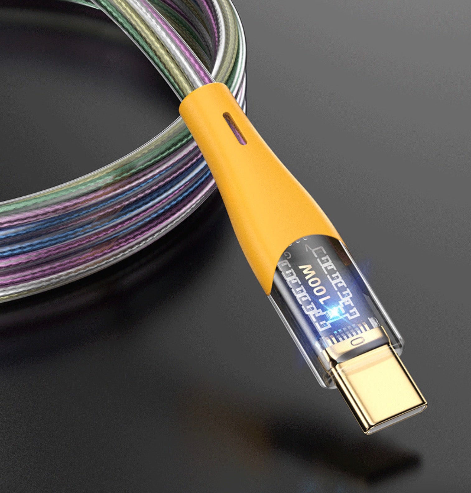 A close-up image of a USB-C fast charging cable with a male to male connector. The cable has a multicolored design with a prominent orange section near the USB connector.