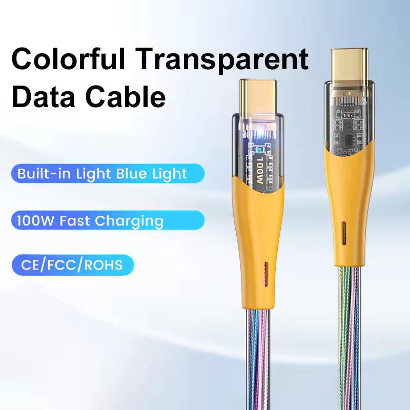 Colorful transparent data cable with gold connectors on a light blue background