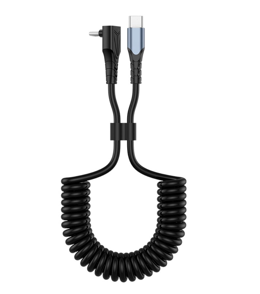 A black USB C male to USB C angled male coiled data PD charging cable, extended to 1.5 meters.