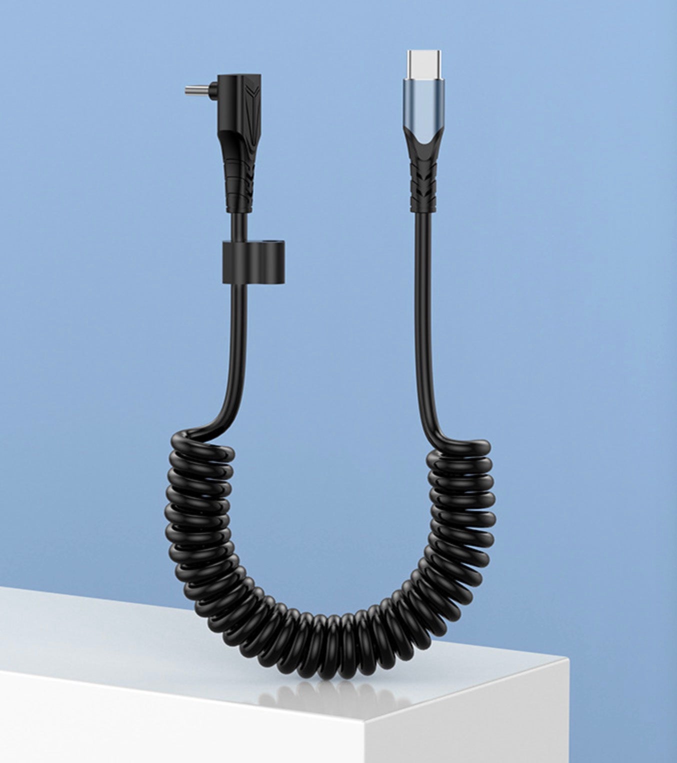 USB-C male to USB-C angled male coiled PD charging cable with extendable spiral design