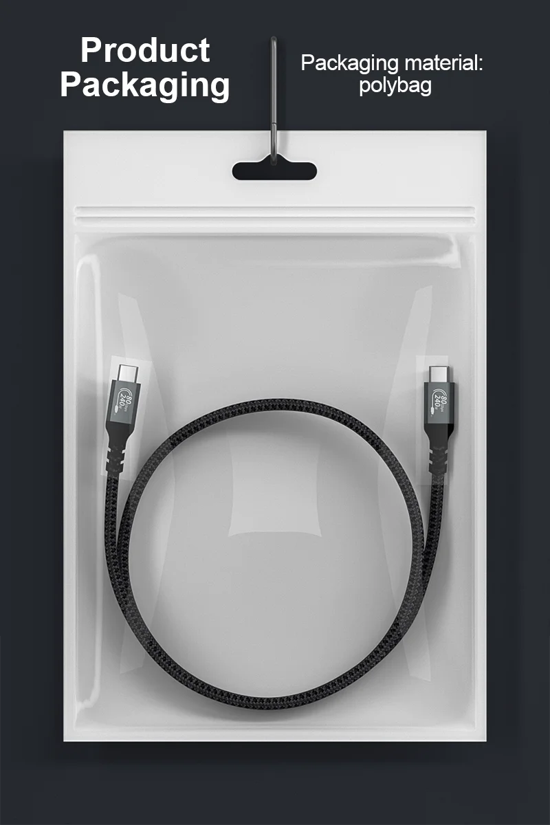 Black cable in a white polybag packaging with text indicating product packaging and polybag material.