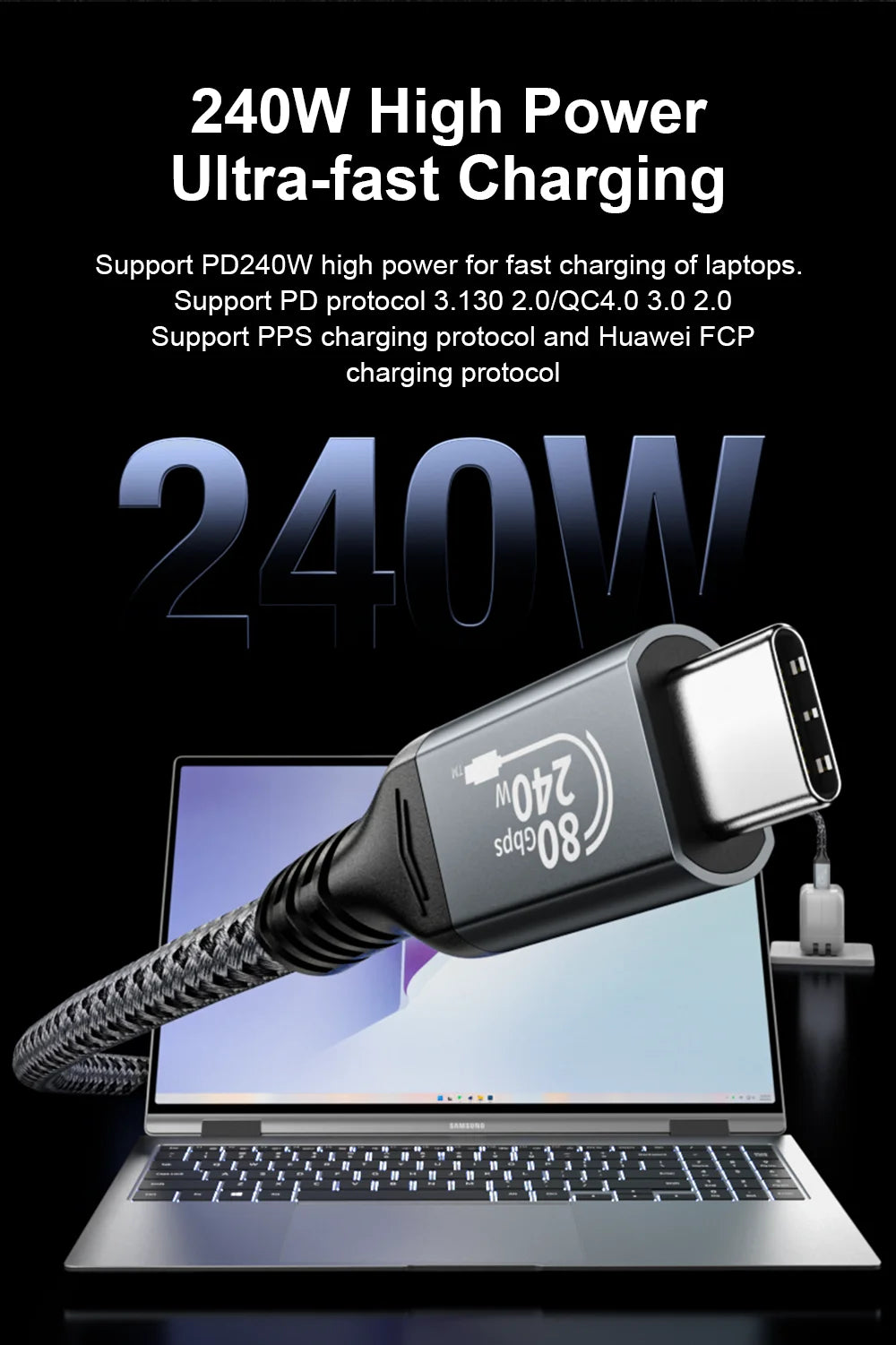 240W high power charging cable with laptop on black background
