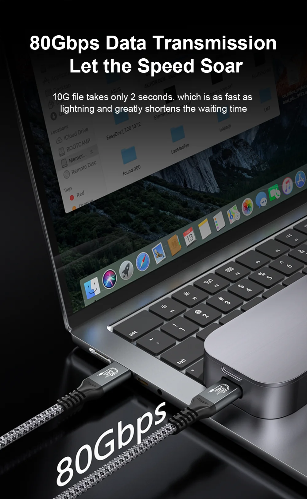 Laptop with USB-C cable and adapter, emphasizing 80Gbps data transmission speed.