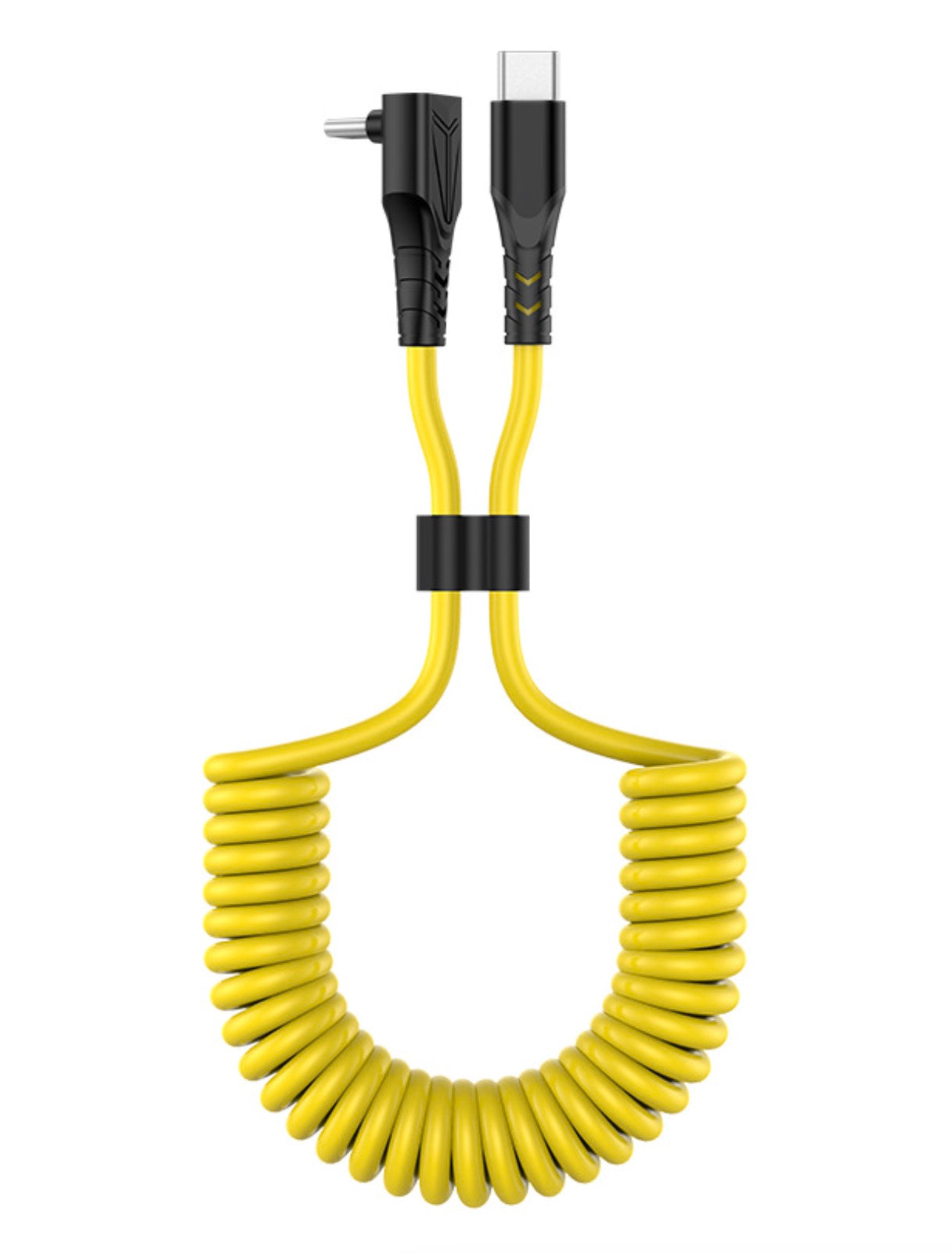 A yellow coiled USB-C to USB-C charging cable with black accents and metallic connectors.