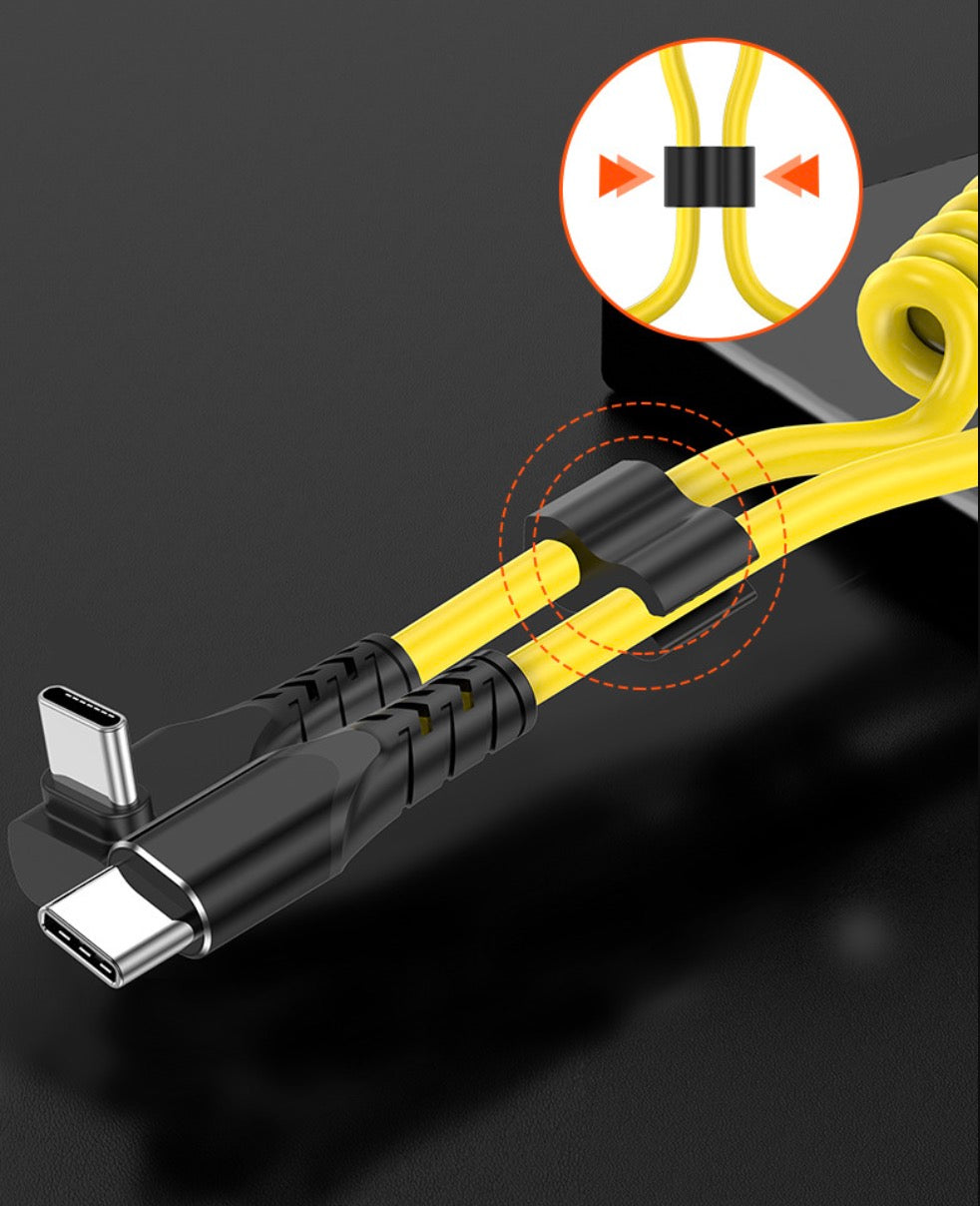 USB-C 3.1 coiled cable in yellow with retractable spiral and 3A fast charging support