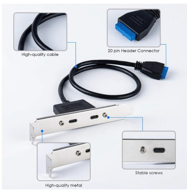 USB 3.0 Motherboard 19/20Pin to USB-C Dual Ports Female PCI-E Back Panel Cable 5Gbps