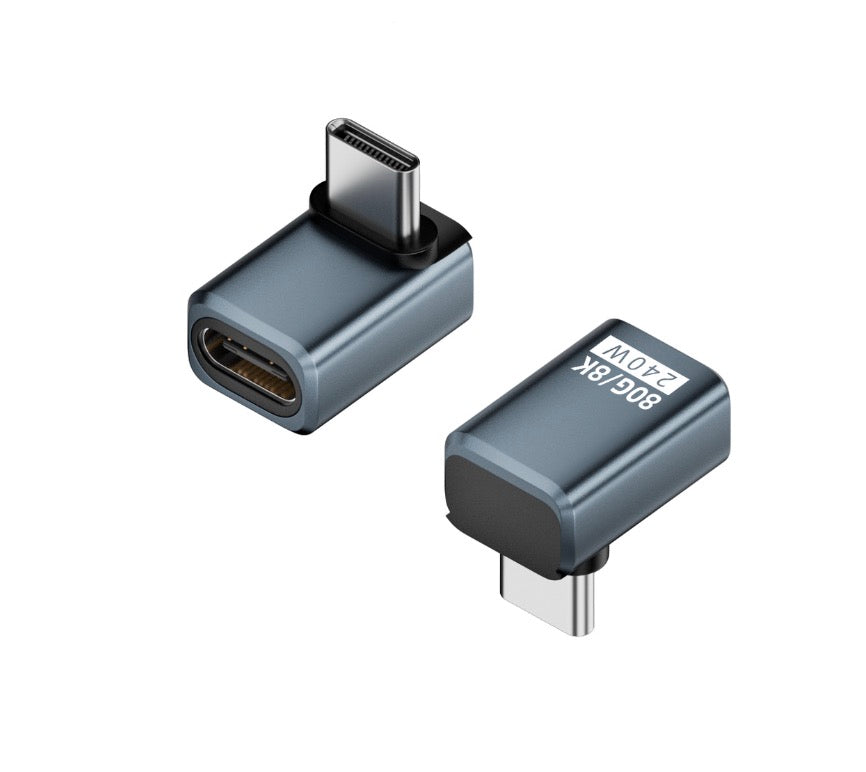 A black USB 4.0 Male to Female adapter with a USB-C connector on one end and a angled extension on the other.