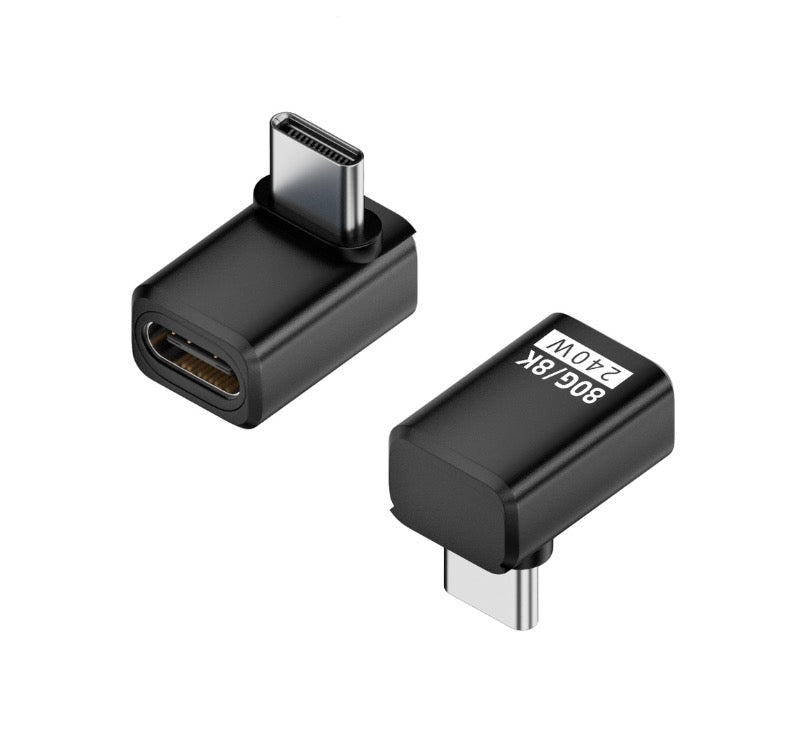 A black USB 4.0 Male to Female adapter with a USB-C connector on one end and a angled extension on the other.