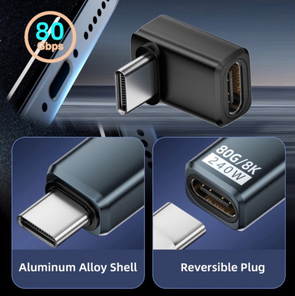 USB4 angled adapter with USB-C male to USB-C female extension supporting 80Gbps data and 240W Power Delivery

