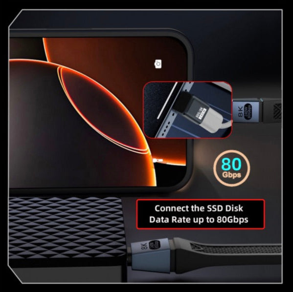 Computer hardware component with USB cable and SSD disk connection details on a dark background