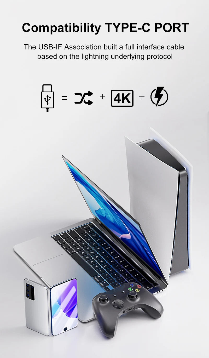 Laptop, gaming console, and keyboard on a white background with compatibility text for TYPE-C port.