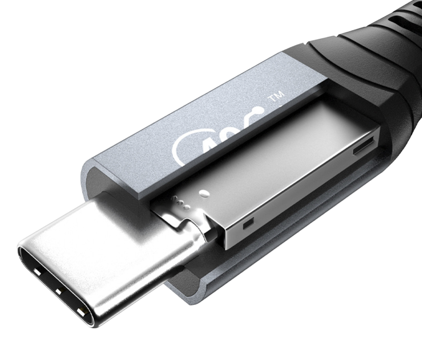 Close-up of a USB-C cable connector on a white background