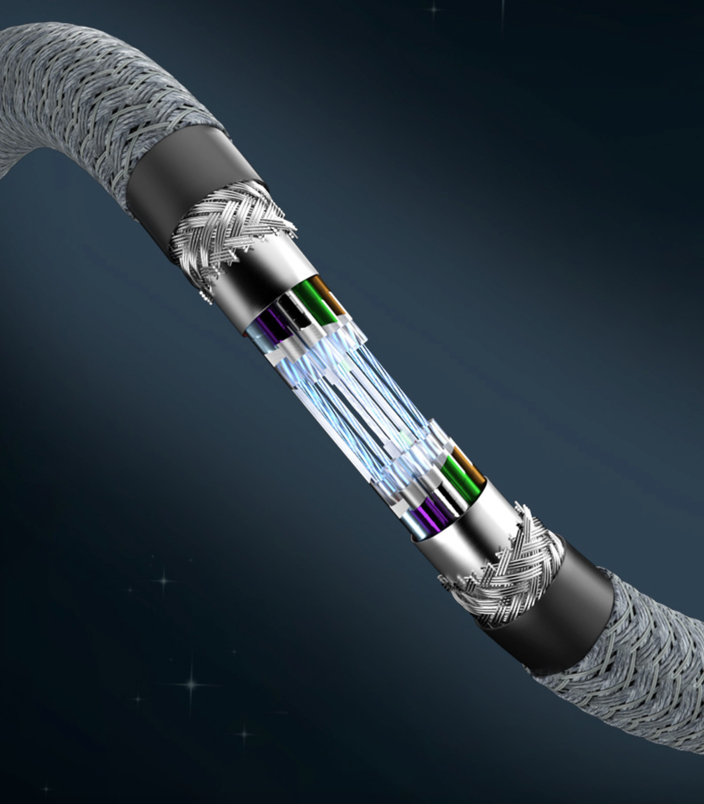 Close-up of a fiber optic cable with intricate design on a dark background