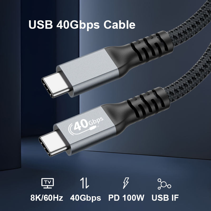 USB 40Gbps cable with connectors on a dark background