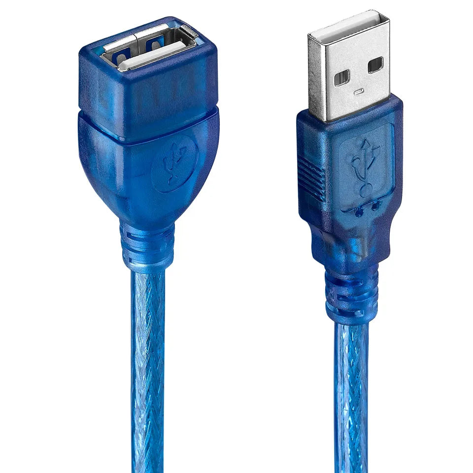 A transparent blue USB 2.0 A male to female extension cable with a braided design around the connectors.