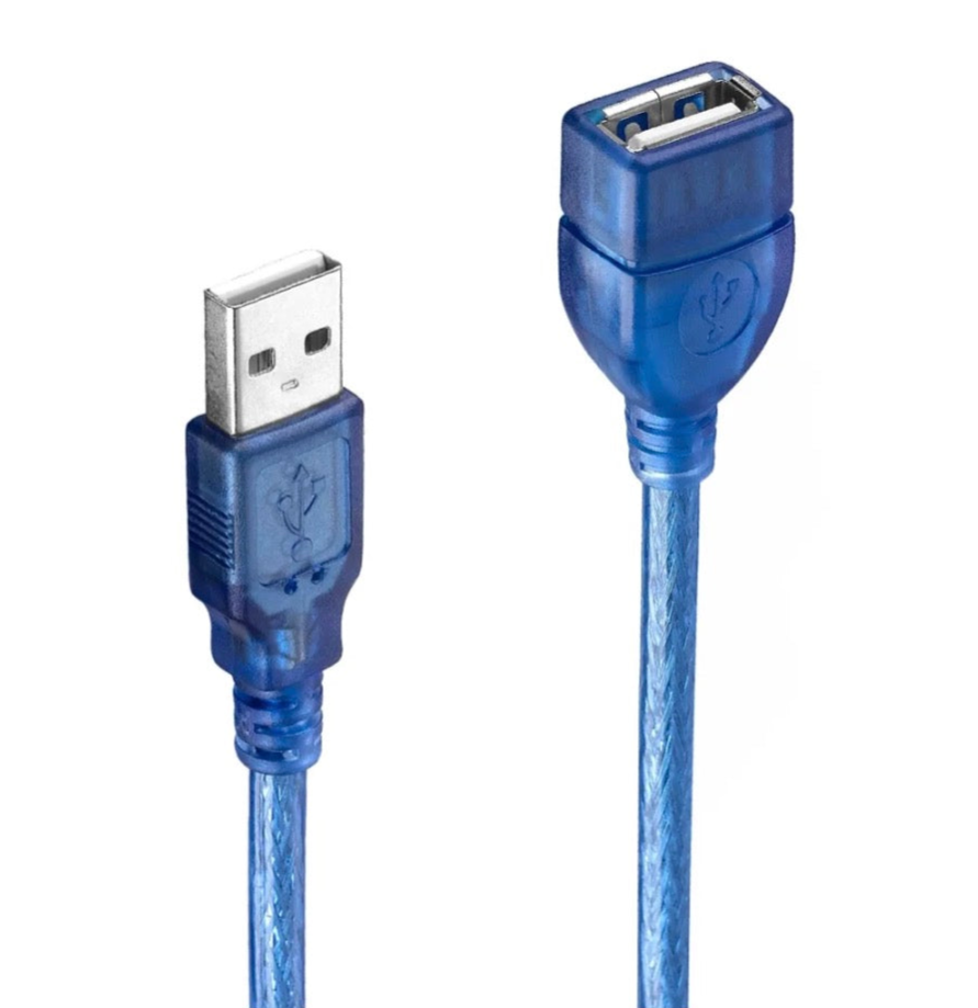 Blue USB cable with male and female connectors on a white background