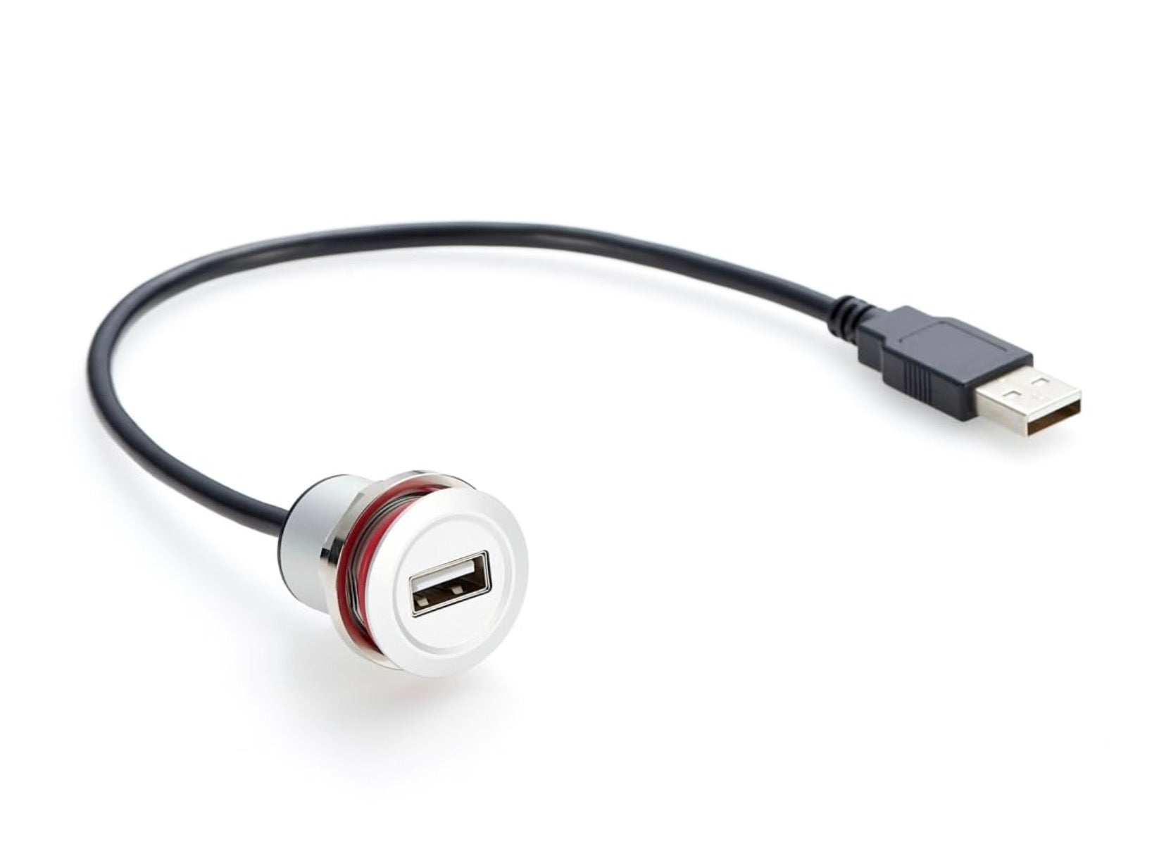 USB 2.0 USB-A female flush round panel mount socket with USB-A male feed-through extension cable for dash or enclosure installation