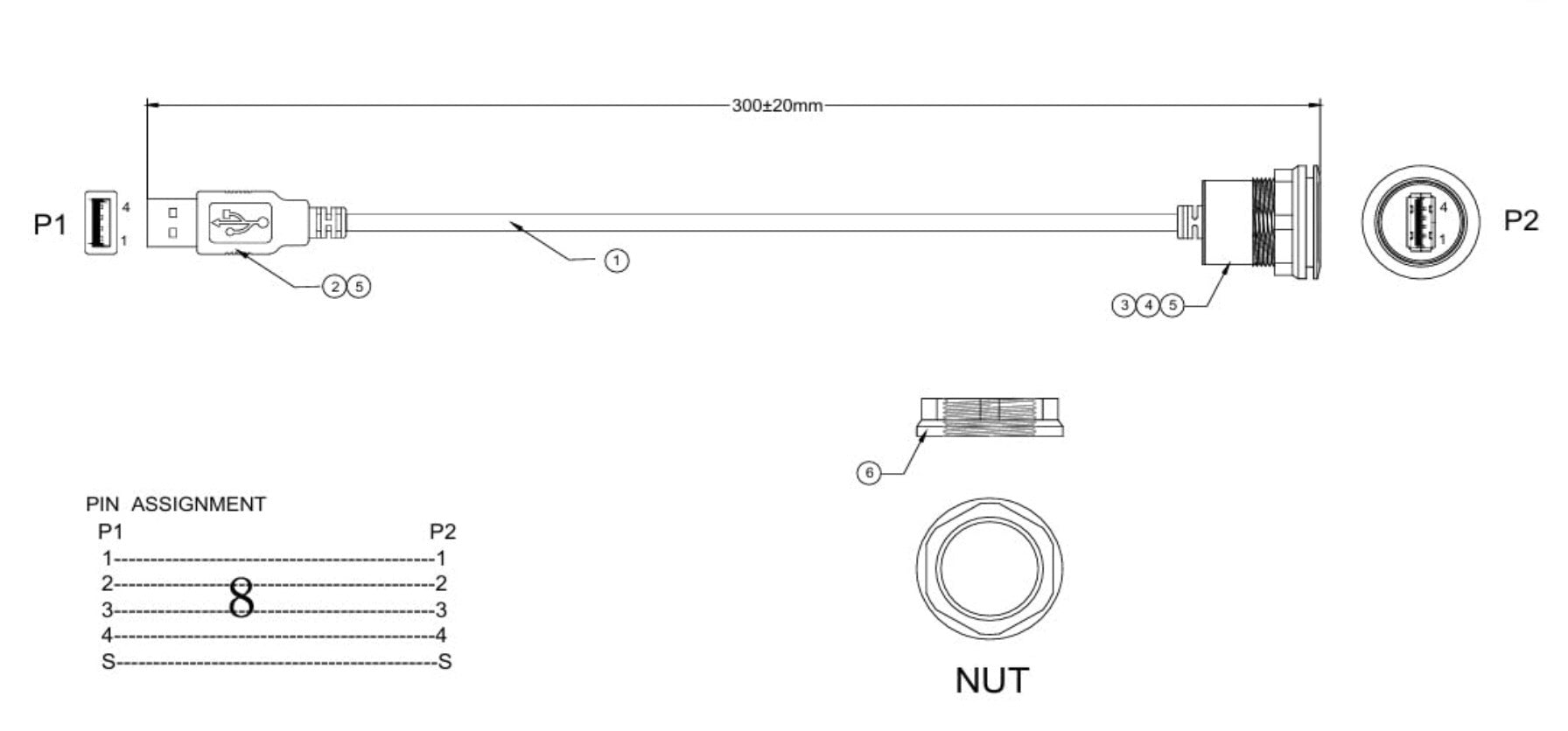Technical diagram of a cable with pin assignment and nut detail