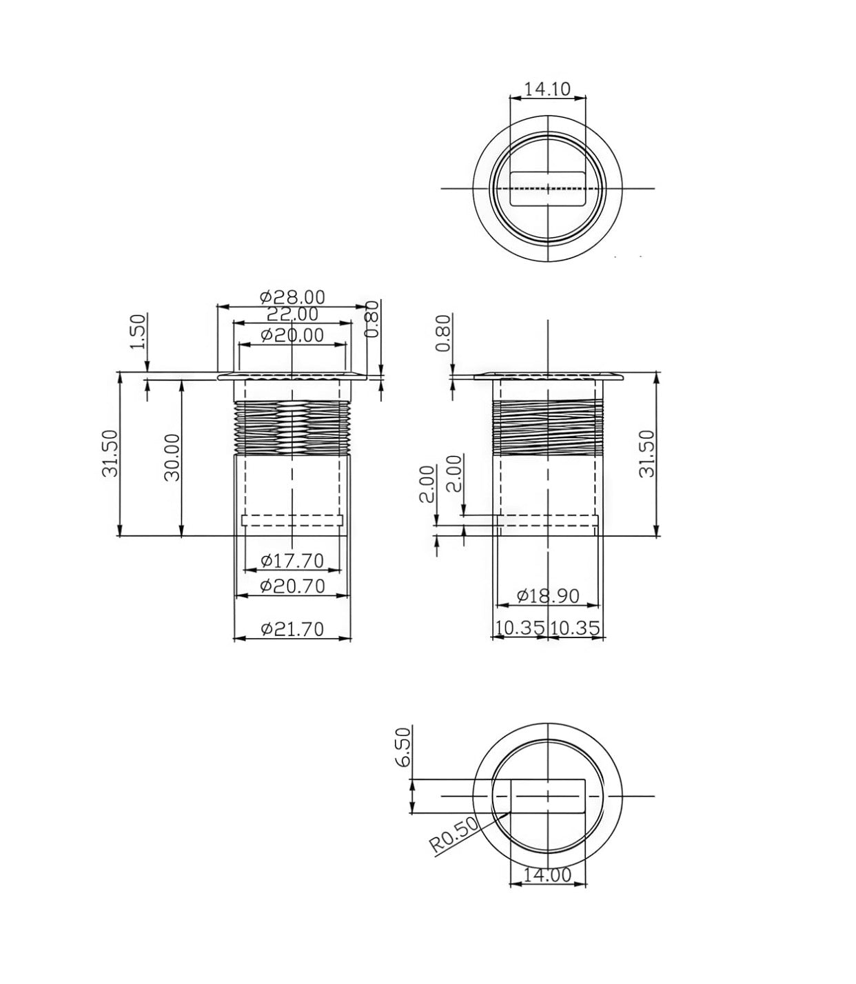 Technical drawing of a cylindrical component with dimensions