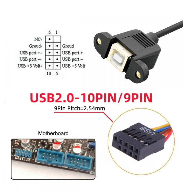 USB Type-B female panel mount connector with motherboard 9-pin header