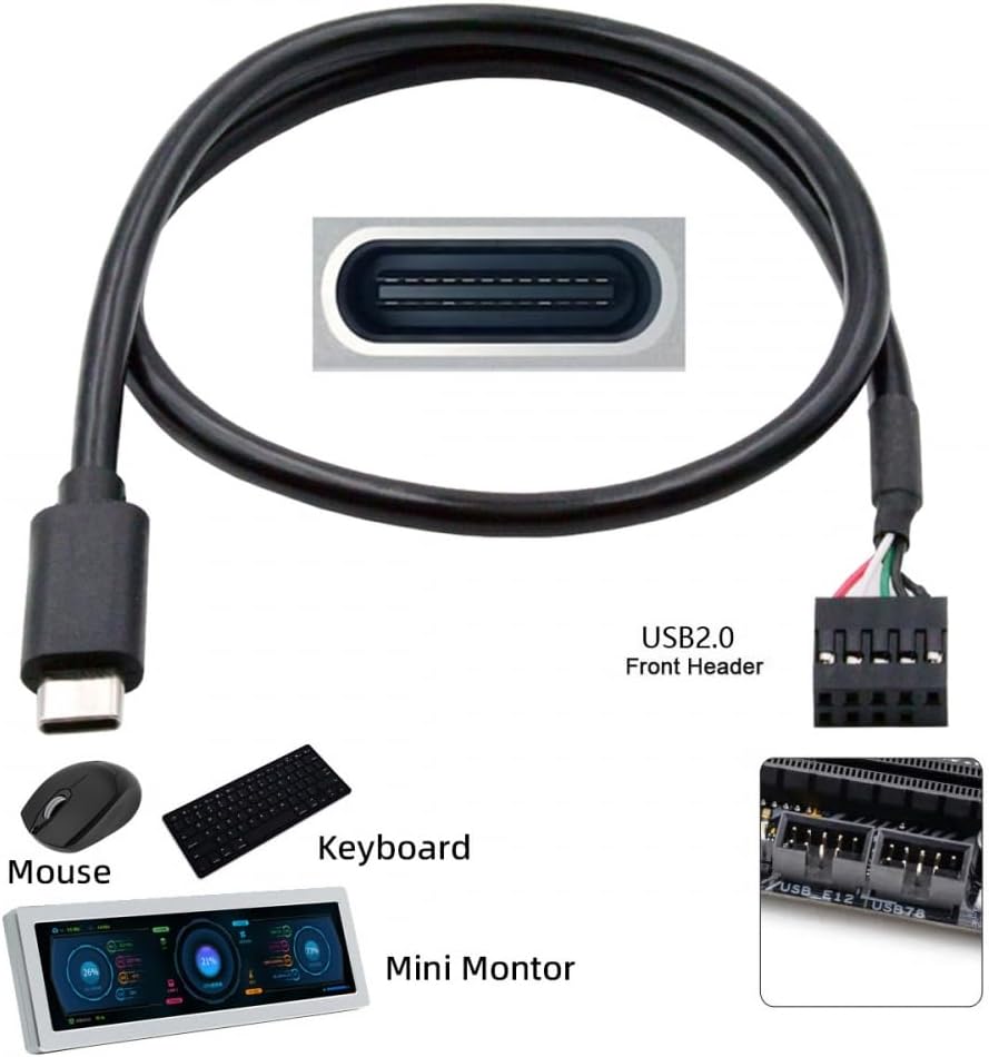 Motherboard 9pin Header Female to USB C Male Data Charging Shielded Extension Cable