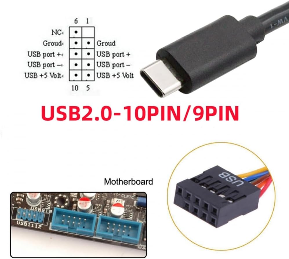 Motherboard 9pin Header Female to USB C Male Data Charging Shielded Extension Cable