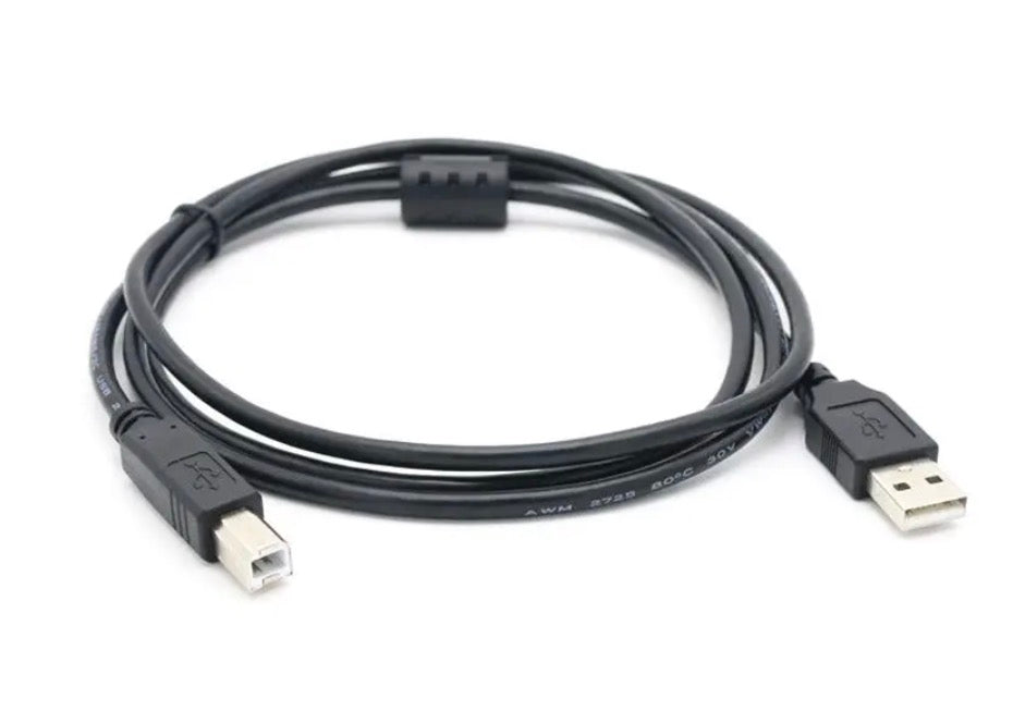 USB 2.0 printer cable connecting laptop to printer with Type B connector